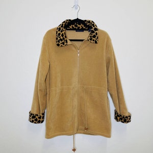Vintage Karen Scott Tan Leopard Sleeve Collar Full Zip Jacket Size Small