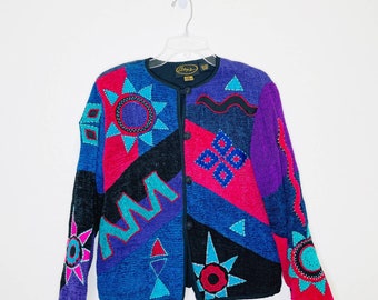 Vintage Alex Kim Pink Blue Purple Black Southwestern Color Block Jacket Small