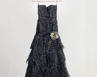 Vintage 1980's Lillie Rubin Black Metallic Polka Dot Strapless Ball Gown