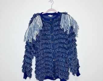 Rare Vintage Fringed Denim Shag Jacket Size Large