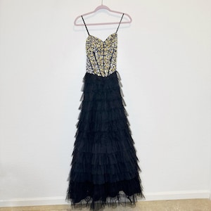 Vintage Steppin Out Formal Maxi Strapless Gown Black Gold Silver Size 9/10