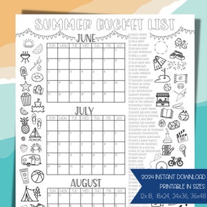 2025 zomer bucketlist afdrukbare digitale download zomer activiteitenkalender checklist zomer countdown kinderen kleurplaat kalender poster