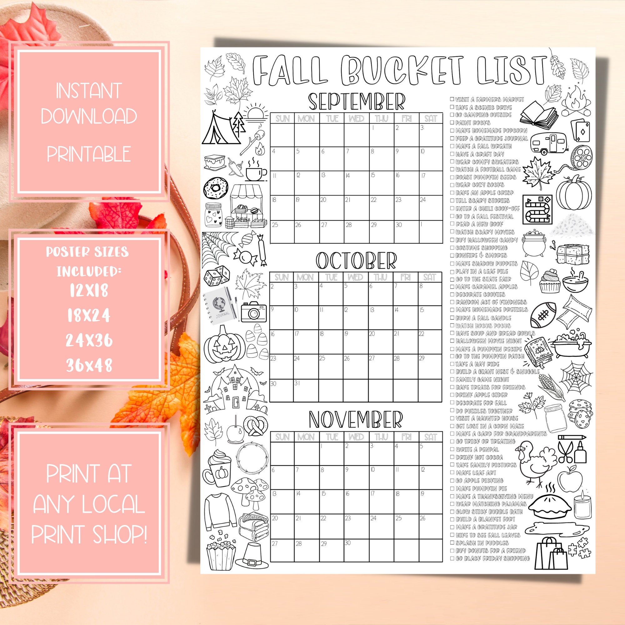 fall-bucket-list-fall-checklist-fall-activity-calendar-fall-etsy
