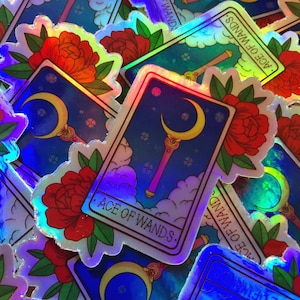 Holografische sticker Sailor Moon Ace of Wands tarotkaart