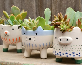 White Ceramic Hand Painted Footed Animal Planters Cat Sheep Pig