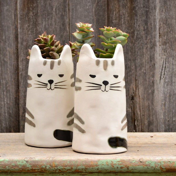 Handmade Quirky 'Minky' Cat White & Black Tall Plant Pot Planter