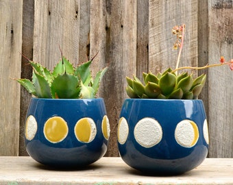 Ceramic Glazed Blue and Yellow Moon Phase Planter