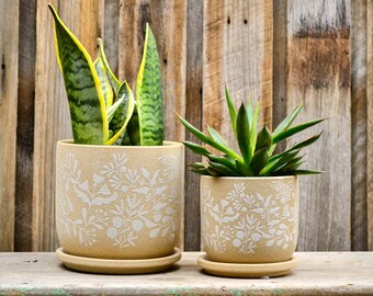 Mischa Textured Beige and White Botanical Embossed Plant Pot Planter