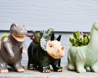 Quirky Glazed Ceramic Dinosaur Planters