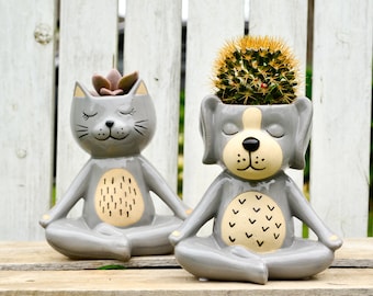 Grey Ceramic Relaxed Cat or Dog Planter