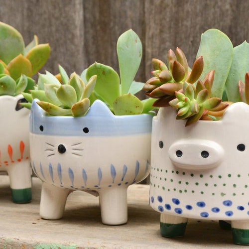 White Ceramic Hand Painted Footed Animal Planters Cat Sheep Pig