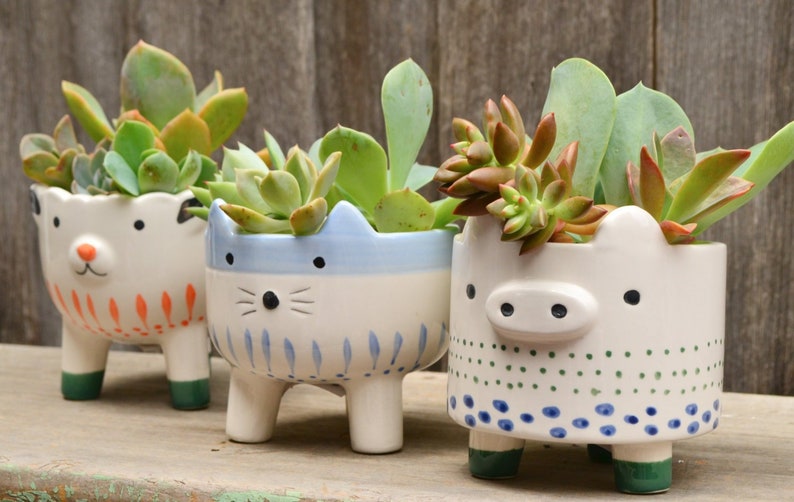 White Ceramic Hand Painted Footed Animal Planters Cat Sheep Pig image 1