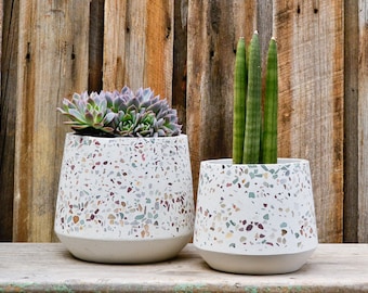 Multi Green, Mustard and Beige Terrazzo Concrete Stone Pot Planter