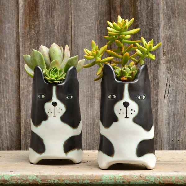 Handmade Cute 'Huxley' Dog Black & White Tall Plant Pot Planter