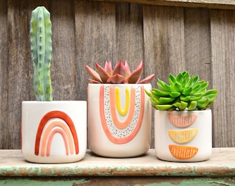 White Hand Painted Abstract Rainbow Planters Plant Pots