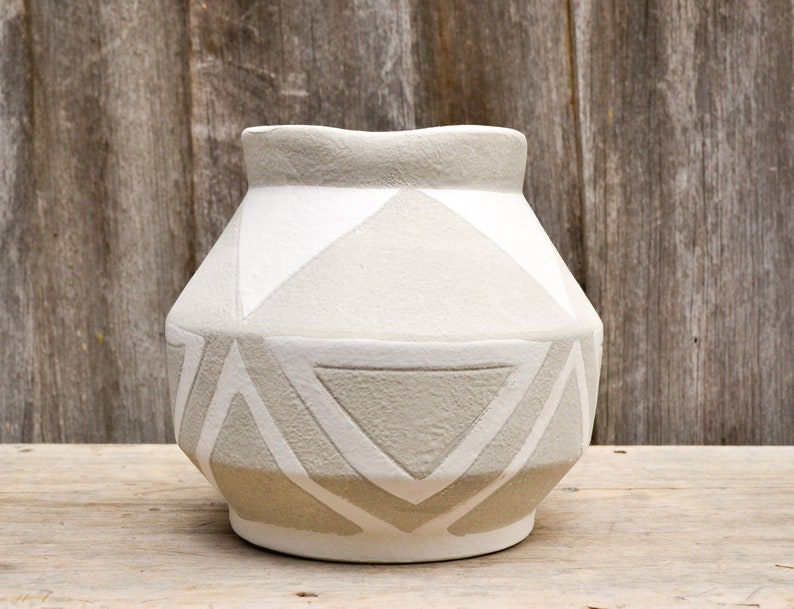 Ceramic Taupe Grey and White Matte Geometric Decorative Vessels Vase Planter Pot image 2