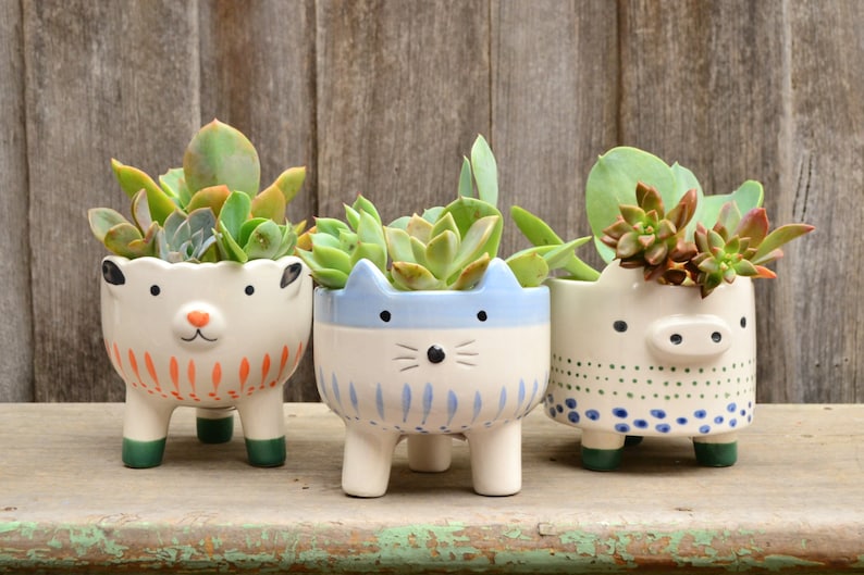 White Ceramic Hand Painted Footed Animal Planters Cat Sheep Pig image 2