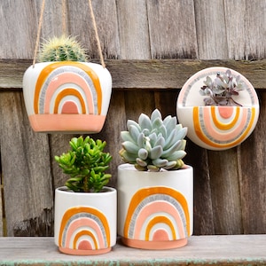 Ceramic White, Mustard and Peach Woodstock Pot Planters