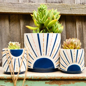 Modern Ceramic White and Navy Sunrise Planter Pot