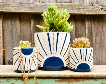 Modern Ceramic White and Navy Sunrise Planter Pot