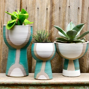 Teal and White Decorative Modern Pedestal Planters