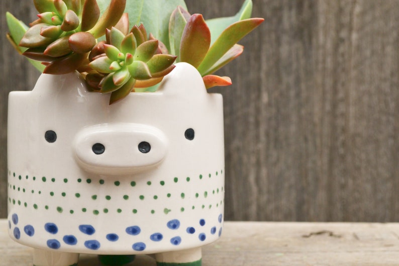 White Ceramic Hand Painted Footed Animal Planters Cat Sheep Pig image 5