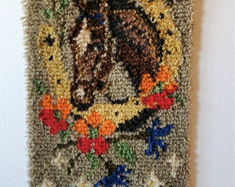 Lovely Rya rug handmade wall hanging with horse motif  from Sweden 1960's.