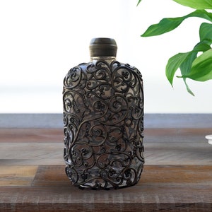 Vintage Glass Body Flask with Intricate Pewter Overlay, Hip Flask, Pocket Flask, Gift for Collector, Screw Top and Interior Piece of Cork