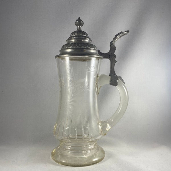 Crystal Beer Stein with Etchings and Cut-Glass decor, Hinged Lid, T. M. 0.5L, Gift for Stein Collector, Decorative Collectable Etched Glass