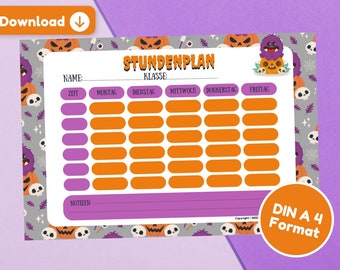 SiGGi Halloween timetable to print out yourself, PDF file DIN A4, instant download, monster timetable perfect for school
