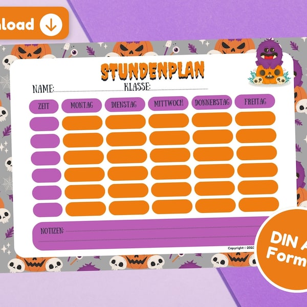 SiGGi Halloween timetable to print out yourself, PDF file DIN A4, instant download, monster timetable perfect for school