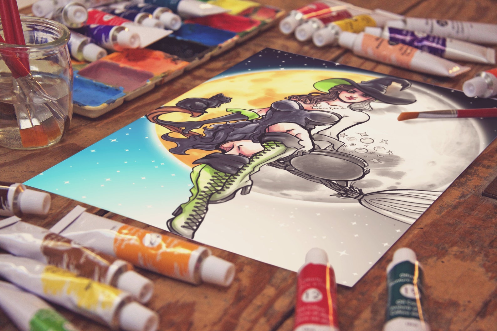 Flying Witch Printable Coloring Page Grayscale Fantasy - Etsy