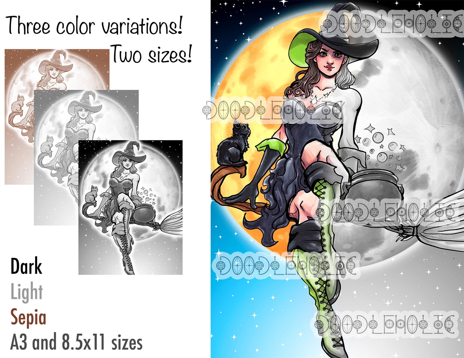 Flying Witch Printable Coloring Page Grayscale Fantasy - Etsy