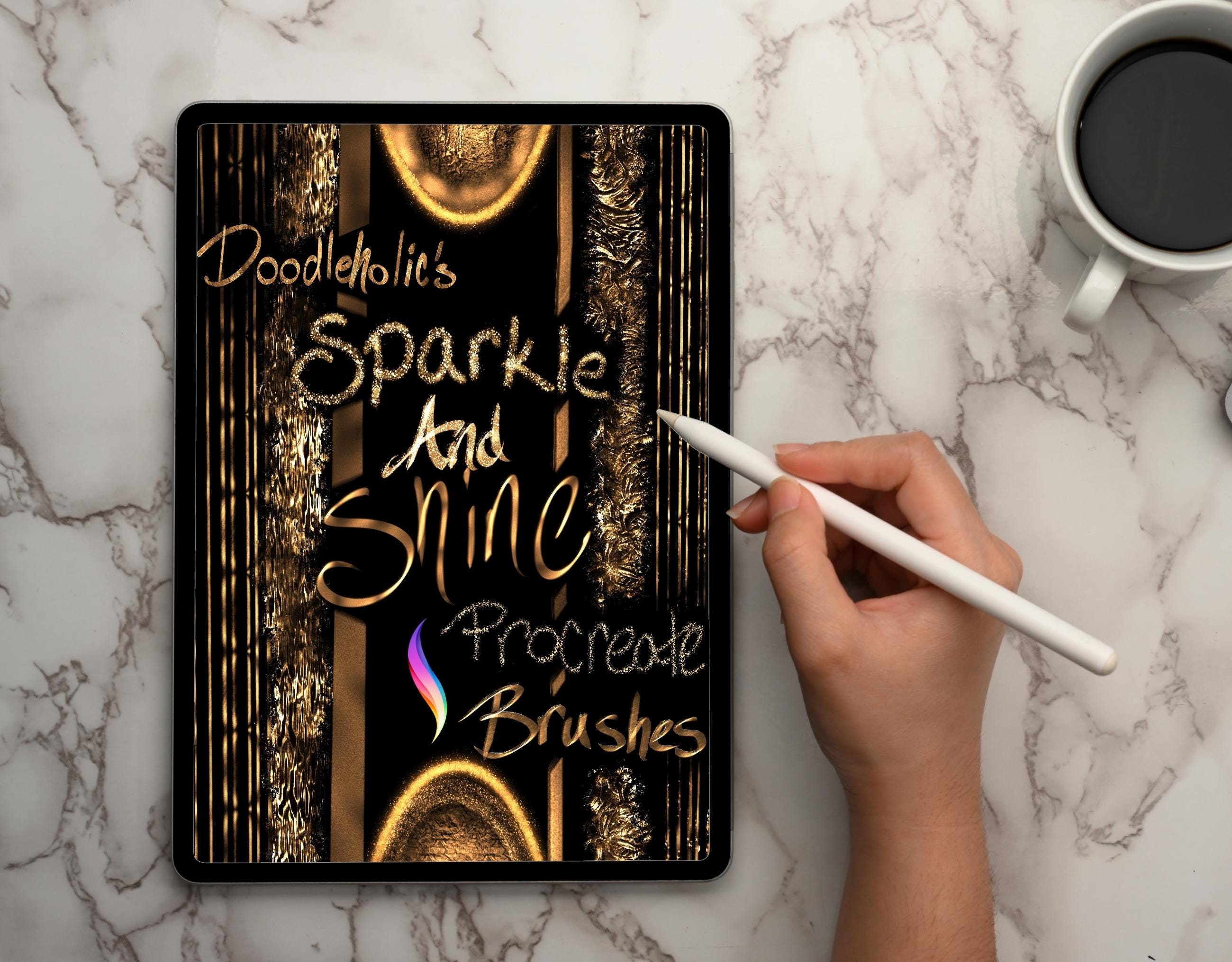 Pinceles Procreate Doodleholic Sparkle & Shine | Set de texturas metálicas, foil y purpurina para lettering en iPad