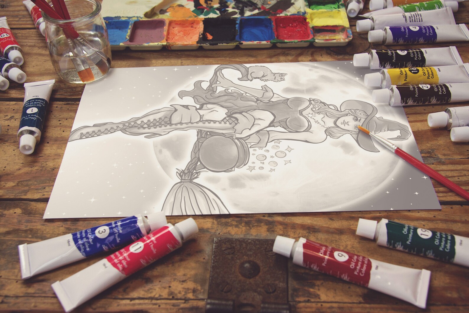 Flying Witch Printable Coloring Page Grayscale Fantasy - Etsy