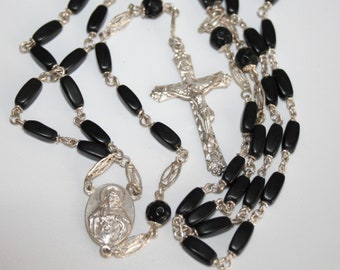 Czech Vintage Long Catholic Rosary Black Glass Beads Silvertone Crucifix