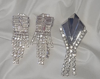Czech Rhinestone Dangle Earrings and Brooch, Unused Jewelry Set