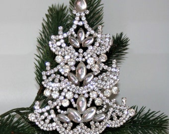 Czech Clear Crystal Rhinestone Christmas Tree, Vintage Decoration Xmas Ornament, White Beauty