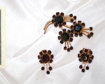 Vintage Garnet Glass Set Brooch and Earrings Czechoslovakia