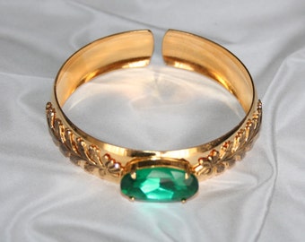 Vintage Czech Bangle Bracelet, Gold with Green Stone, Vintage Jewelry