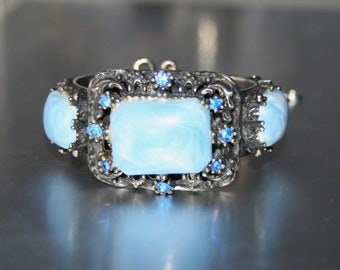 Vintage Czech Peking Blue Glass Rhinestone Clamper Bracelet