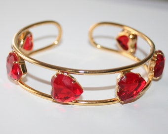 Vintage Czech Bangle Bracelet, Gold with Red Glass Hearts