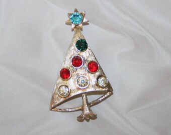 Vintage Mylu Christmas Tree Pin Brooch, Silver Tone Brooch Colorful Glass Stones