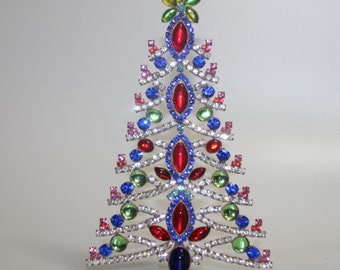 Czech Vintage Blue Rhinestone Christmas Tree, Crystal Stone Tree, Vintage Ornament Decoration