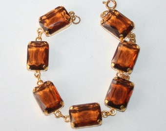 Czech Vintage Bracelet, Honey Colored Glass Panels, Open Back Stones