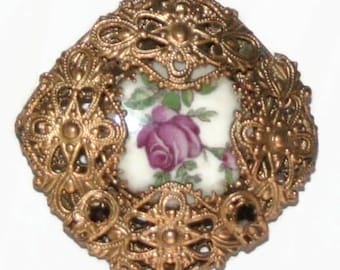 Czech Vintage Filigree Porcelain Brooch