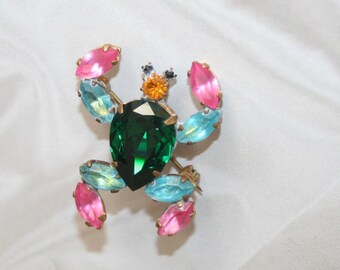 Vintage Handmade Brooch Frog Pin Czech Glass Stones