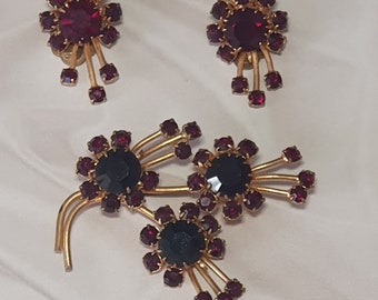 Vintage Set Garnet Glass Stones Brooch & Earrings Czechoslovakia