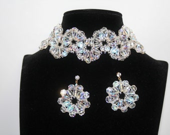 Vintage Czech Jewelry Set, Iridescent AB Crystals, Czech Necklace Earrings Intricate  Jewelry