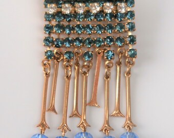 Czech Crystal Vintage Rhinestone Pendant two Layers Brooch Pin w. Tassels Art Deco Style